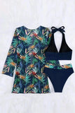 Ensemble bikini noir 3 pièces à bordure contrastée tropicale avec cache-maillot