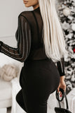 Black Rhinestone Decor Striped Mesh Long Sleeve Bodysuit