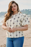 Apricot Bow Printed Ruffled Bubble Sleeve Lace-up Notched Neck Plus Size Blouse