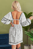 Gray Floral Print Open Back Balloon Sleeve Square Neck Mini Dress