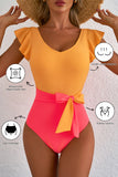 Vitality Orange Color Block Ruffled Knotted Backless One Piece Swimsuit