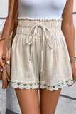 Apricot Textured Frilled Knotted High Waist Lace Hem Shorts