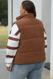 Coffee Corduroy Stand Neck Zipped Puffer Vest