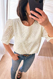 Beige Eyelet Embroidered Half Sleeve Casual Blouse