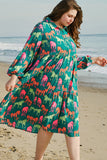 Green Horse Printed Long Sleeve Collared Buttoned Plus Size Midi Dress