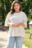 Beige Pearl Decor Crew Neck Half Sleeve Plus Size T Shirt