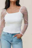 White Swiss Dot Mesh Long Sleeve Square Neck Slim Top