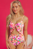 Red Floral Ruffle Trim Cutout Knotted One Piece Swimsuit