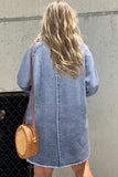 Beau Blue Mineral Wash Long Sleeve Button Up Raw Hem Pocketed Denim Dress