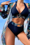 Ensemble bikini 3 pièces bleu marine à bordure contrastée tropicale avec cache-coeur