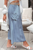 Beau Blue Buttoned Front High Waist Side Pockets Denim Maxi Skirt