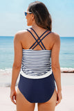 Blue Stripe Drawstring Tummy Control Mix-and-match 2pcs Tankini Swimsuit