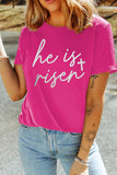 T-shirt ras du cou imprimé croix rose rouge pailleté he is risen