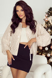 Apricot Sequin Zip up Round Neck Long Sleeve Jacket