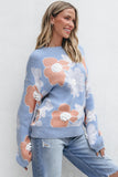 Beau pull tricoté à col rond et épaules tombantes à motif floral bleu