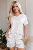 Beige Checkered V Neck Tee Drawstring Shorts Lounge Set