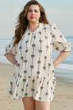 Apricot Bow Printed Puff Sleeve Ruffled Plus Size Mini Dress