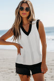 White Contrast Trim Eyelet Knit Colorblock V Neck Sweater Vest