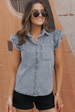 Beau Blue Frayed Ruffle Sleeve Denim Shirt