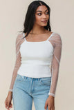 White Swiss Dot Mesh Long Sleeve Square Neck Slim Top