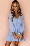 Robe courte en chambray à volants et manches bouffantes à col en V bleu Beau