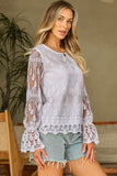 Beige Embroidered Mesh Flounce Sleeve Blouse