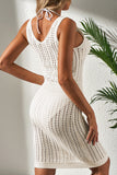 White Eyelet Crochet Sleeveless V Neck Beach Dress