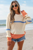 Beige Colorblock Striped Drop Shoulder Cozy Sweater