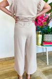 Apricot Textured Ruffled Sleeve Zipped Top and Wide Leg Pants Set