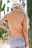 Light French Beige Solid Color Cable Knit High Neck Tank Top