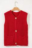 Fiery Red Solid Textured Knit Side Pockets Buttoned Sweater Vest