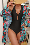 Monokini noir à col licou avec cache-maillot de plage fleuri