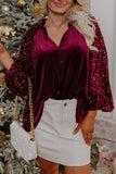 Red Dahlia Sequin Patchwork Sleeve Button Up Velvet Top