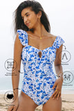 Blue Floral Ruffled Strap Lace-up Hollow Out One Piece Swimsuit