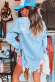 Veste longue en jean effilochée délavée bleu minéral Beau