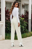 Pantalon droit taille haute en velours côtelé beige