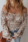 Beige Boho Floral Print Smocked Waist V Neck Blouse