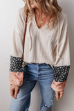 Beige Floral Patchwork Textured Knit Drawstring V Neck Blouse