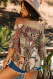 Apricot Paisley Printed Shirred Off Shoulder Ruffled Draped Sleeve Blouse