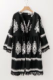 Black Plus Size Western Floral Print Fringed V Neck Dress