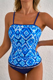 Ensemble tankini à bretelles spaghetti et bordures à volants à imprimé abstrait bleu marine