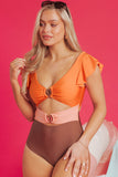 Orange Ruffle Sleeve Tricolor Cutout Front Ring One Piece Swimsuit