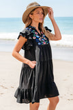 Black Floral Embroidered Tiered Ruffled Mini Dress