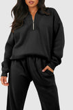 Black Plain Half Zip V Neck Ribbed Edge Loose Tracksuit