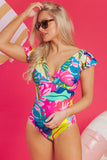 Green Tropical Print V Neck Tied Backless One Piece Swimsuit