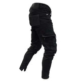 Men Slim Biker Ripped Long Denim Trousers Skinny Jeans pocket Young Man Jogging Pants Destroyed Stretchy-Black Pants