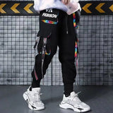 Classic Streetwear Hip Hop Joggers Men Letter Ribbons Cargo Pants Pockets Track Tactical Casual Male Trousers Sweatpant KZ98