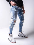 Men's Ripped Pencil Pants Men Skinny Denim Biker Side Striped Jeans Men's Fashion Foot Mouth Zipper Hip-Hop Slim Denim Trousers