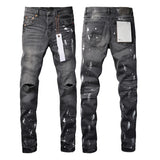 Streetwear Men's Purples Jeans Gray-black Ripped Jeans Men High Street Personality Trend Denim Straight Leg Pants