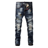 Fashion Streetwear Men Jeans Retro Black Blue Elastic Slim Fit Ripped Jeans Men Spliced Designer Embroidery Hip Hop Denim Pants